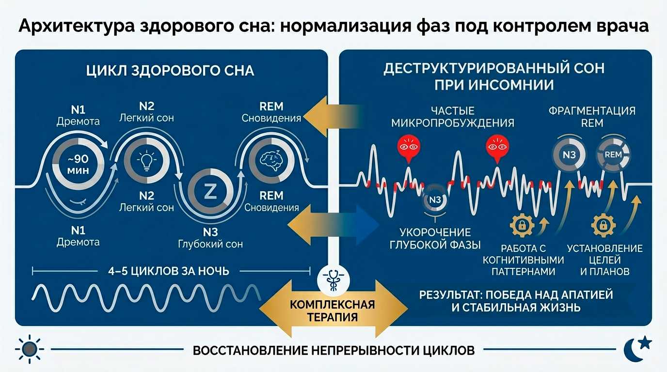 Лечение бессонницы: сравнительная схема здорового сна и деструктурированного сна при инсомнии