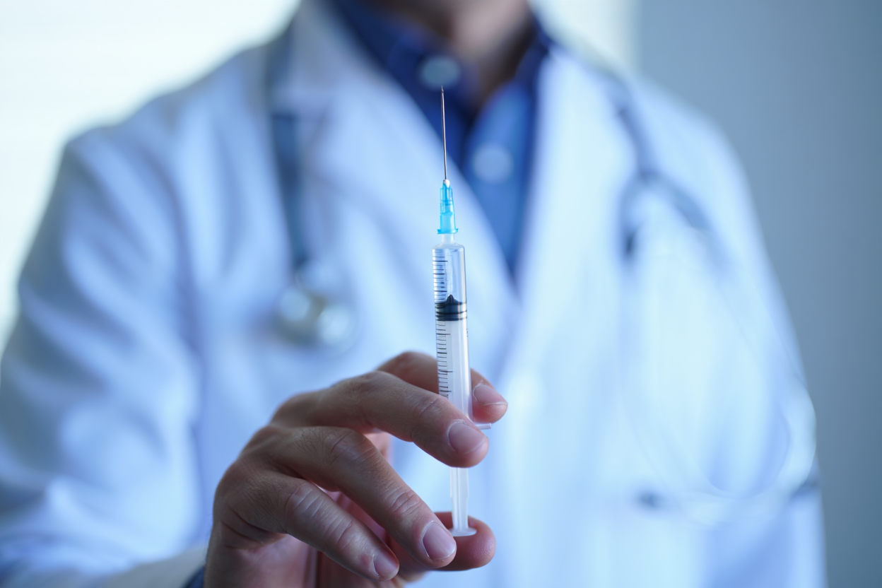 Врач в белом халате держит шприц с иглой — подготовка к процедуре кодирования препаратом Эспераль.
